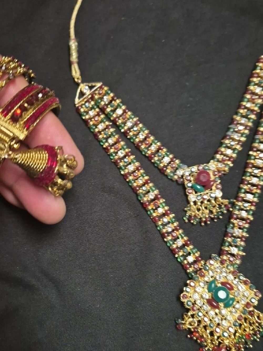 Gold-Tone Multicolor Kundan Necklace Set with Bangles - Pink & Green Accents